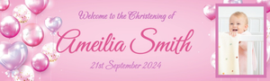 Personalised Christening Banner - Pink Balloons - Custom Name Date &amp; 1 Photo Upload