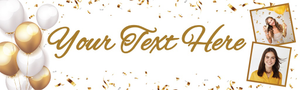 Personalised Party Banner - Gold &amp; White Balloons - Custom Text &amp; 2 Photo Upload
