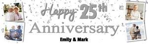 Personalised 25th Wedding Anniversary Banner - Silver Party Design - Custom Text &amp; 4 Photo Upload