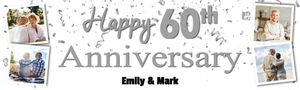 Personalised 60th Wedding Anniversary Banner - Silver Party Design - Custom Text &amp; 4 Photo Upload
