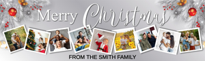 Personalised Merry Christmas Banner - Silver &amp; Red Xmas Baubles - Custom Text &amp; 9 Photo Upload