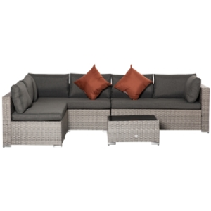 Outsunny 6 Seater Patio PE Rattan Wicker Sofa Set, Outdoor All Weather Conservatory Furniture, w/ Tempered Glass Coffee Table & Cushions, Deep Grey