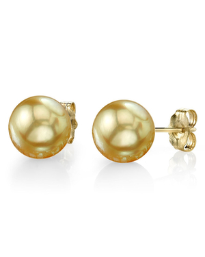9mm Golden South Sea Round Pearl Stud Earrings