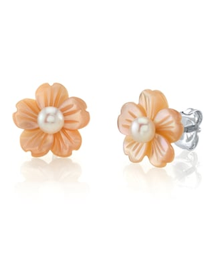 White Freshwater Button - Shape Cultured Pearl on Mother of Pearl Flower Lotus Earrings