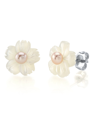 Pink Freshwater Button - Shape Cultured Pearl on Mother of Pearl Flower Lotus Earrings