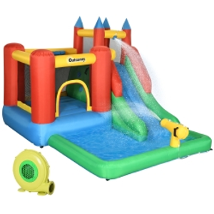 Outsunny Kids Inflatable Bouncy Castle Water Slide 5 in 1 Bounce House Jumping Castle Water Pool Gun Climbing Wall with Air Blower for Summer Playland