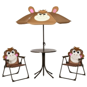 Outsunny Kids Bistro Table and Chair Set, Outdoor Folding Garden Furniture w/Monkey Design, Removable, Adjustable Sun Umbrella, Ages 3-6 Years - Brown
