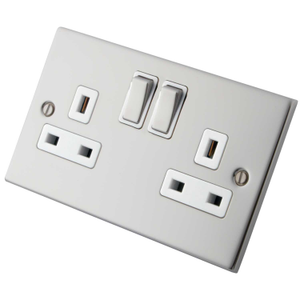 13A 2 Gang Switched Socket Metal / White Insert Polished Stainless Steel