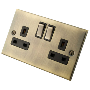 13A 2 Gang Double Switched Socket Black Insert Antique Brass