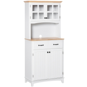 HOMCOM Freestanding Kitchen Cupboard, Kitchen Storage Cabinet with Framed Glass Doors, 2 Drawers, Microwave Counter, 172cm, White
