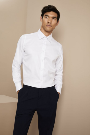 Simon Jersey Men's Long Sleeve 100% Cotton Herringbone Shirt, White