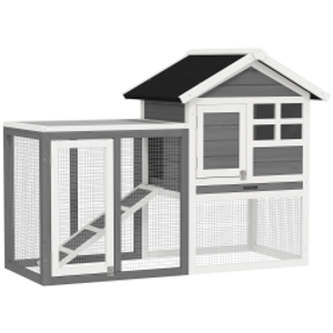 PawHut 2 Tiers Rabbit Hutch and Run Wooden Guinea Pig Hutch Outdoor with Sliding Tray, Ramp, 122 x 62.6 x 92cm, Grey