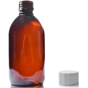 300ml Amber Plastic Medicine Bottle With Screw Cap - White