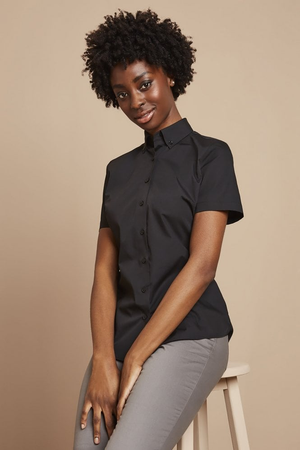 Simon Jersey Women's Short Sleeve Button Down Collar Shirt, Black