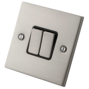 10A 2 Gang 2 Way Light Switch Black Insert Brushed Stainless Steel
