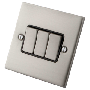 10A 3 Gang 2 Way Light Switch Black Insert Brushed Stainless Steel