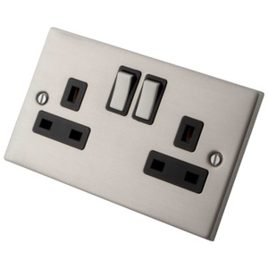 13A 2 Gang Switched Socket Black Insert Brushed Stainless Steel