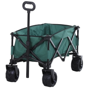 Outsunny Outdoor Pull Along Cart Folding Cargo Wagon Trailer Trolley for Beach Garden Use with Telescopic Handle, Anti-Slip Wheel - Green