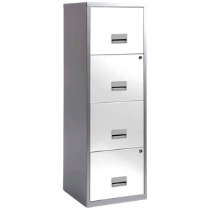 Pierre Henry Maxi Steel Filing Cabinet with 4 Lockable Drawers 400 x 400 x 1,250 mm Silver, White