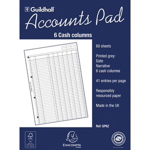 Guildhall Account Book GP6Z A4 6 Cash Columns 60 Pages 30 Sheets