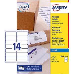 Avery Address Labels J8163-100 Adhesive A4 White 99.1 x 38.1 mm 100 Sheets of 14 Labels