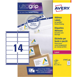Avery UltraGrip Address Labels L7163-100 Adhesive A4 White 99.1 x 38.1 mm 100 Sheets of 14 Labels