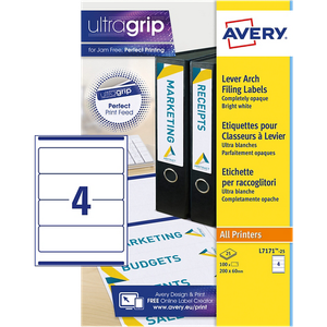 Avery L7171-25 Filing Labels Self Adhesive 200 x 60 mm White 100 Labels 25 Sheets of 4 Labels