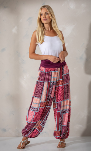 Patchwork Printed Harem Trousers - Scarlet