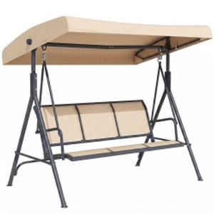 Outsunny 3 Seater Swing Chair, Garden Swing Bench with Adjustable Tilting Canopy, Breathable Mesh Seat and Heavy Duty Steel Frame for Patio, Yard, Beige