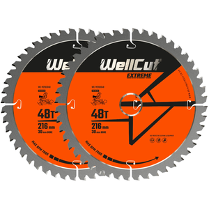 WellCut TCT Circular Saw Blades 216mm x 30mm x 48T Fine Cutting Wood Saw Blades Compatible with all Brands Pack of 2 | WC-M2163048-2