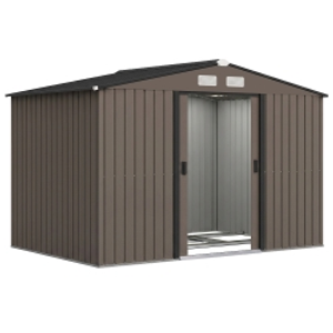 Outsunny 9 x 6ft Metal Garden Shed, Outdoor Storage Tool House with Ventilation Slots, Foundation Kit and Lockable Double Doors, Brown