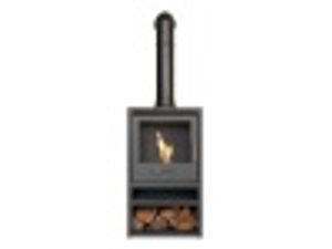 OKO S1 Bio Ethanol Stove with Log Storage in Charcoal Grey & Tall Angled Stove Pipe