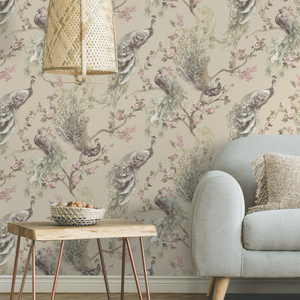 Holden Decor Menali Peacock Design Beige Glitter Wallpaper - 36271