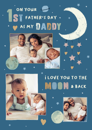 Space Themed Scene With Five Photo Frames 1st Father's Day Photo Upload Card