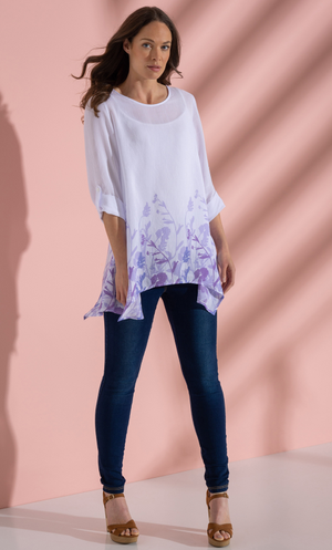 Botanical Printed Dipped Hem Tunic Top - White/Lavender