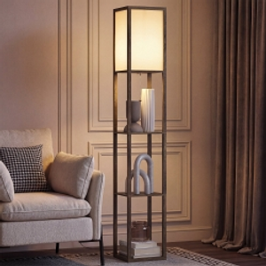 HOMCOM 3-Tier Floor Lamp with Shelves and Storage, Modern Corner Standing Lamp with Lampshade, Reading Light with Foot Switch for Living Room, Bedroom, Home Office, Bulb not Included, Brown