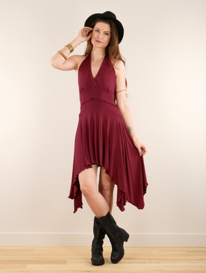 'Robe évasée sans manches à col V "Naela", Bordeaux'