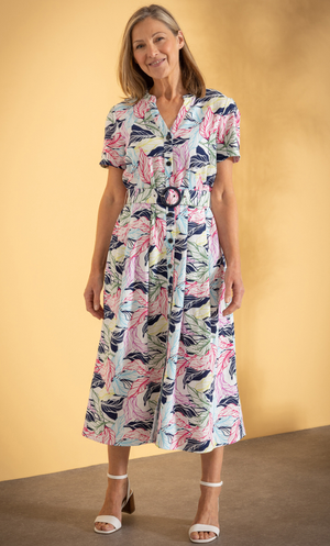 Anna Rose Belted Leaf Print Linen Blend Dress - White/Multi