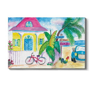 Yellow_Conch_House_Tropical_Street_Scene_With_Bike_And_Rooster