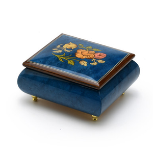Vibrant 23 Note Royal Blue Floral Wood Inlay Music Box