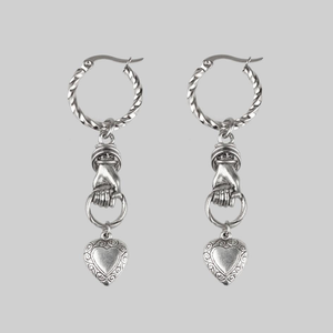 ALL OF ME. Hand Grasping Heart Earrings - Silver
