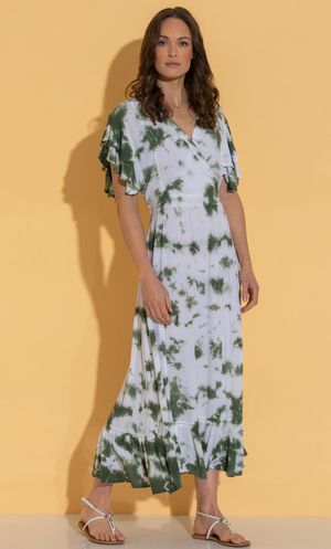 Boho Tie Dye Midaxi Dress - White/Khaki