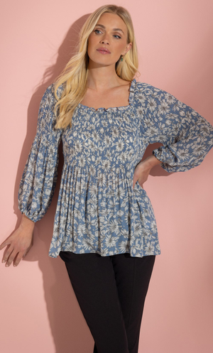 Pleated Floral Printed Georgette Top - Blue/Ivory