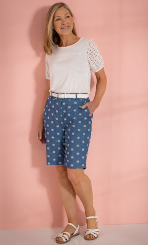 Anna Rose Embroidered Belted Cotton Shorts - Blue/Cream