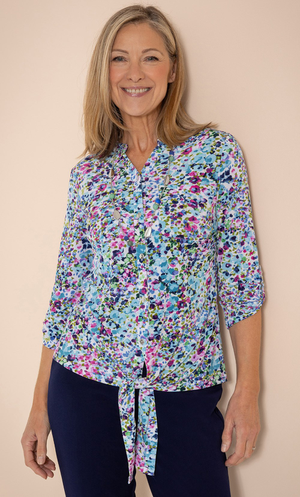 Anna Rose Garden Print Tie Front Blouse - Pink/Multi