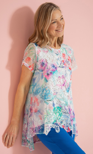Anna Rose Printed Lace Layered Top - White/Multi