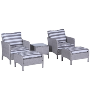 Outsunny 5 Pcs PE Rattan Garden Furniture Set, 2 Armchairs 2 Stools Glass Top Table Cushions Wicker Weave Chairs Outdoor Seating, Grey and White