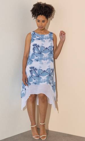 Printed Layered Dip Hem Sleeveless Dress - Blue/White