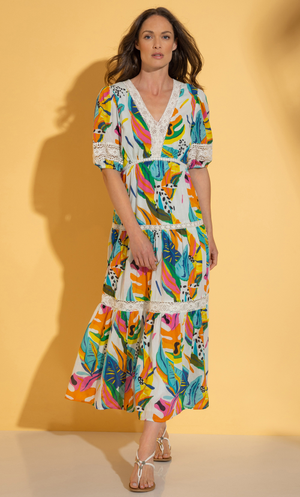 Printed Cotton Lace Trim Maxi Dress - Multi