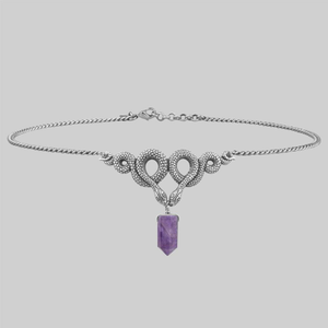 A DARK LURE. Snake & Amethyst Gemstone Chain Choker - Silver